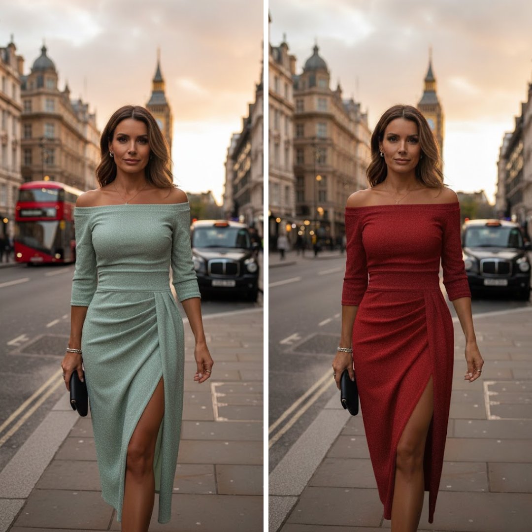 Women's Off-Shoulder Long-Sleeve Ruched Midi Dress