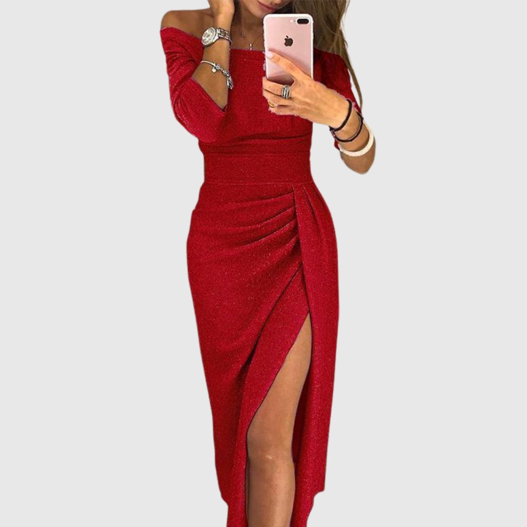 Women's Off-Shoulder Long-Sleeve Ruched Midi Dress - Red