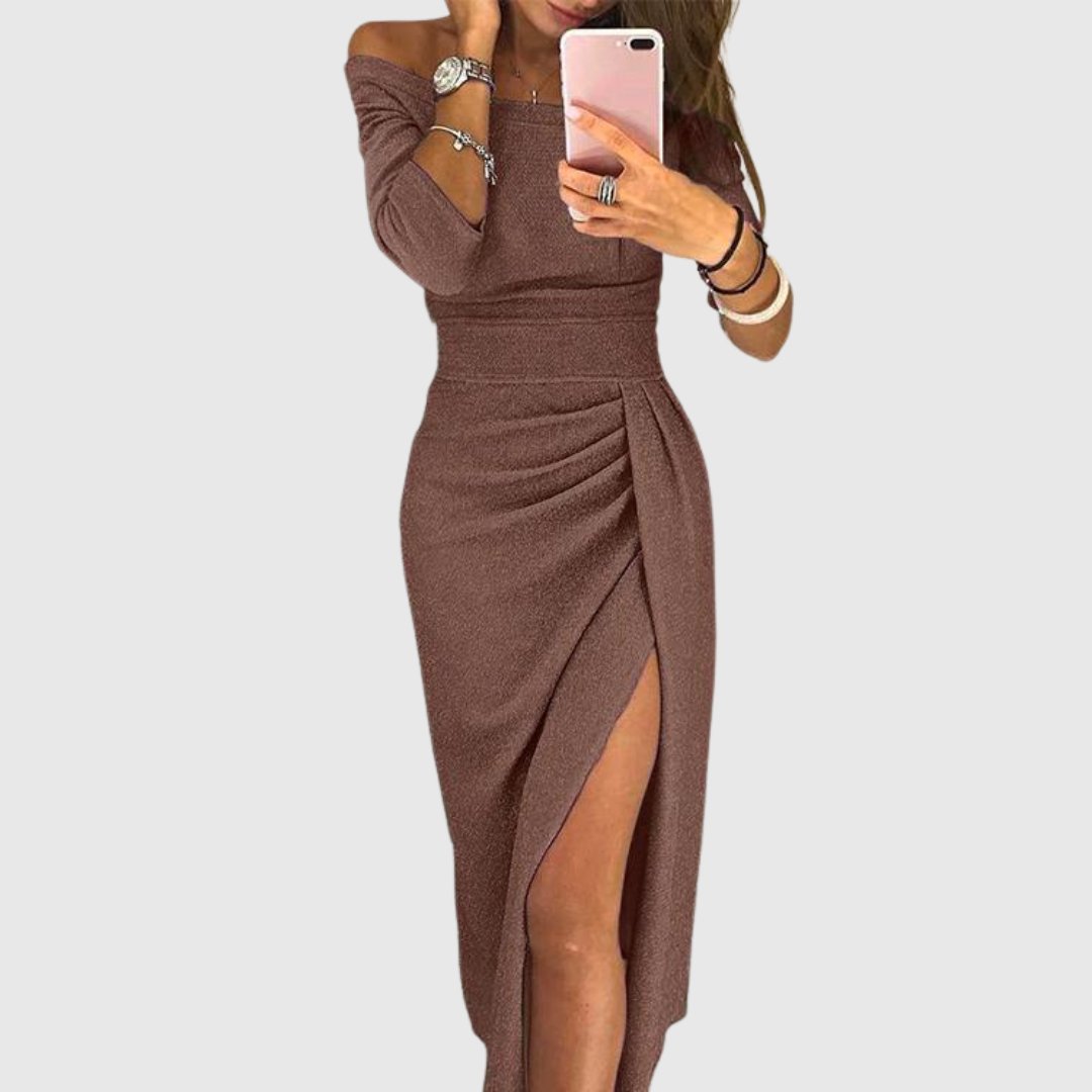 Women's Off-Shoulder Long-Sleeve Ruched Midi Dress - Brown