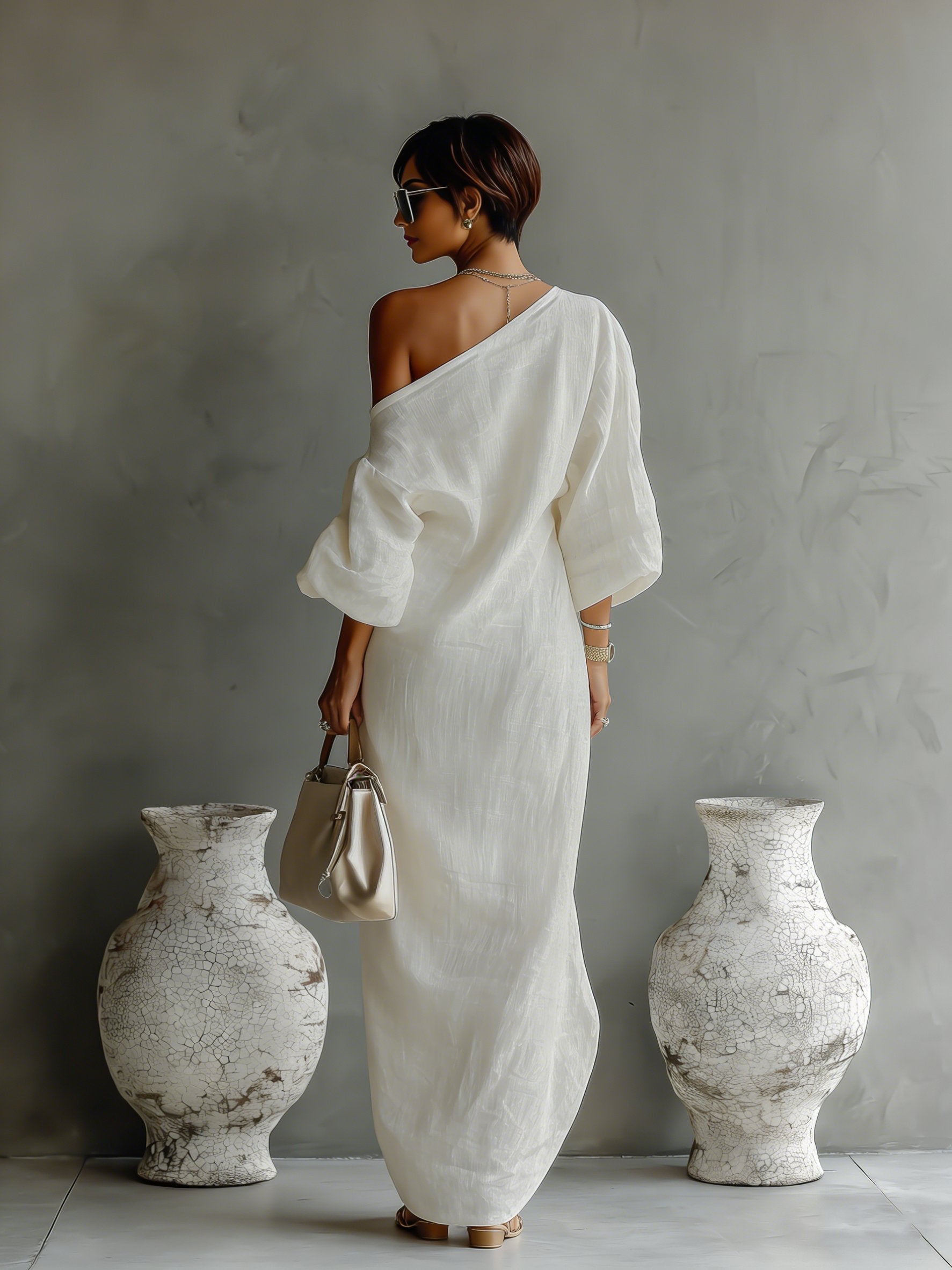 Women's One-Shoulder Cotton-Linen Maxi Dress Wedding Guest