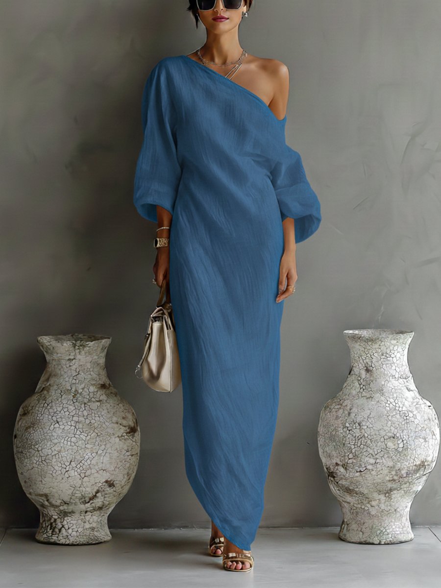 Women's One-Shoulder Cotton-Linen Maxi Dress Wedding Guest - Blue