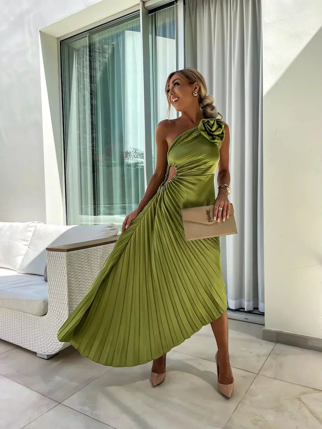Women's One-Shoulder Pleated Midi Dress Asymmetric Floral-Detail
