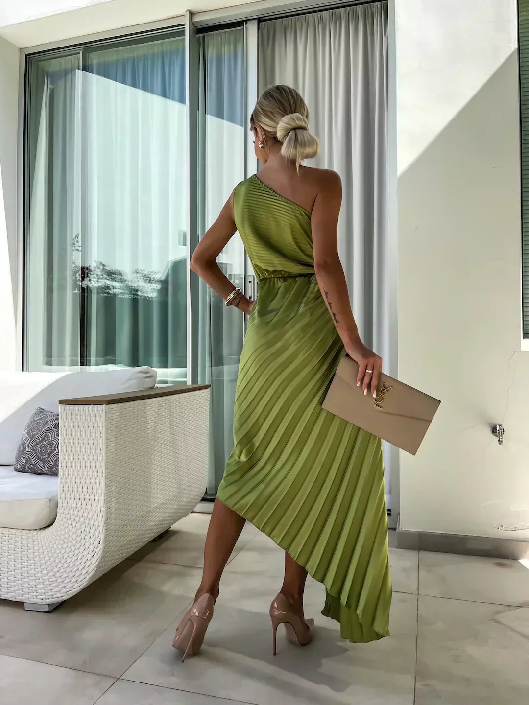 Women's One-Shoulder Pleated Midi Dress Asymmetric Floral-Detail