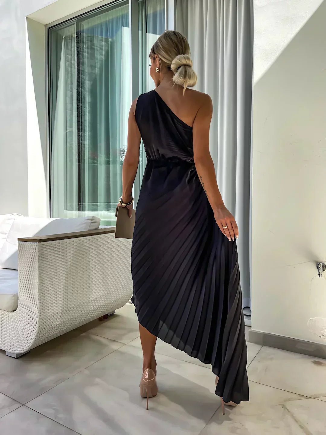 Women's One-Shoulder Pleated Midi Dress Asymmetric Floral-Detail