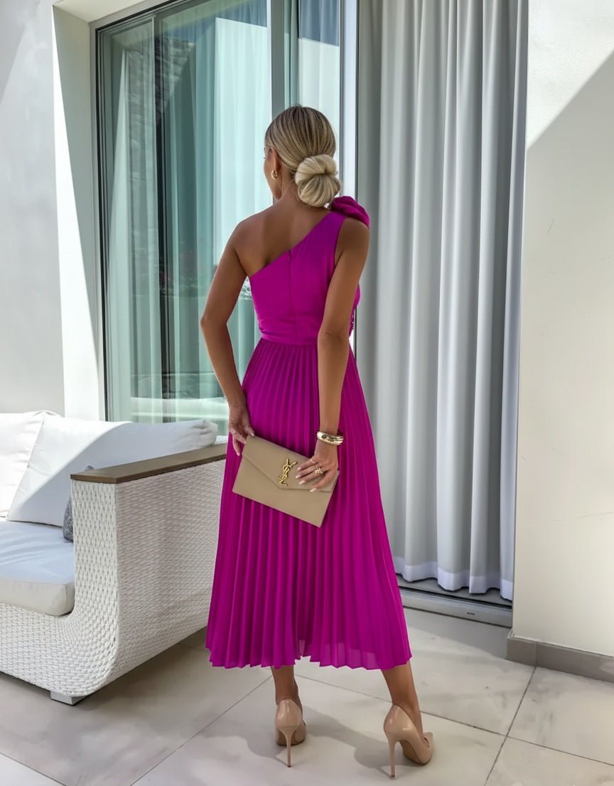 Women's One-Shoulder Pleated Midi Dress Asymmetric Floral-Detail