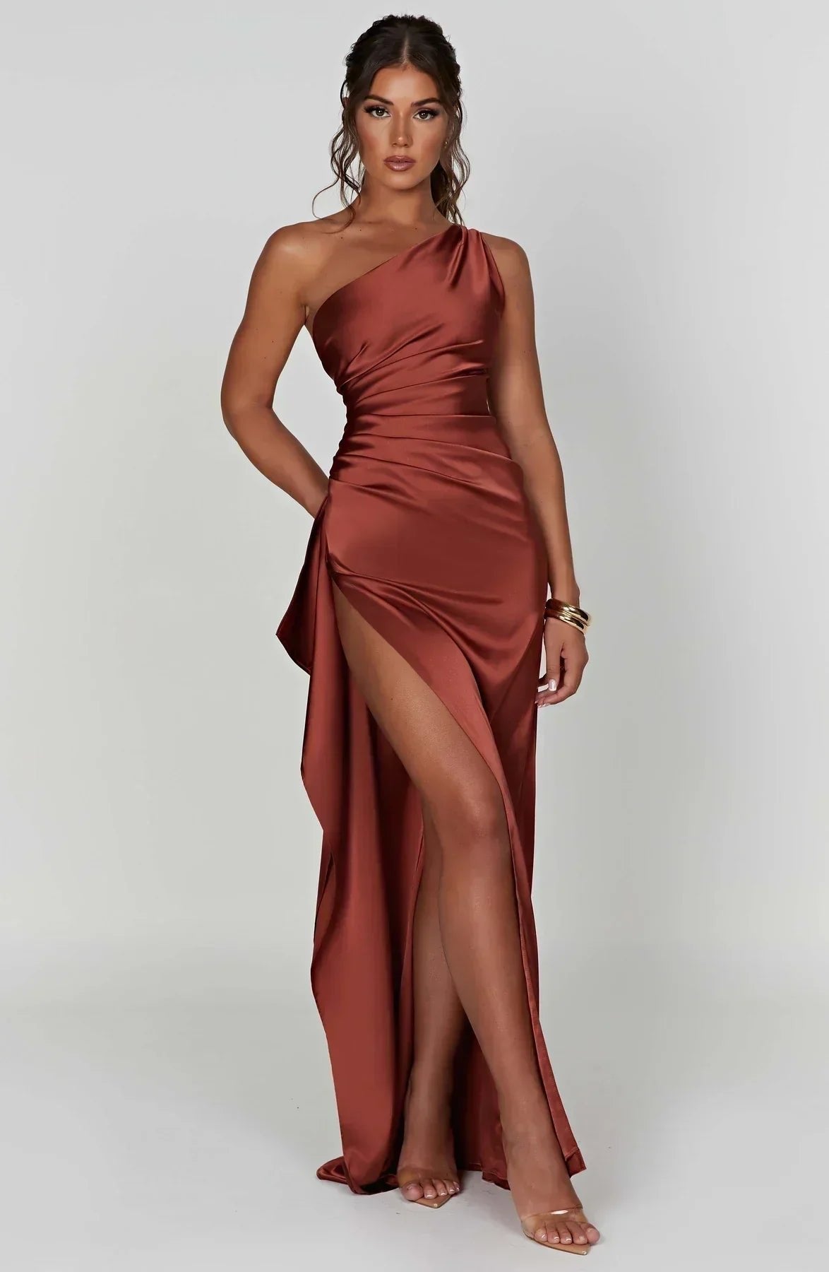 Women's One-Shoulder Satin Asymmetric High-Split Maxi Evening Dress - Rust Brown