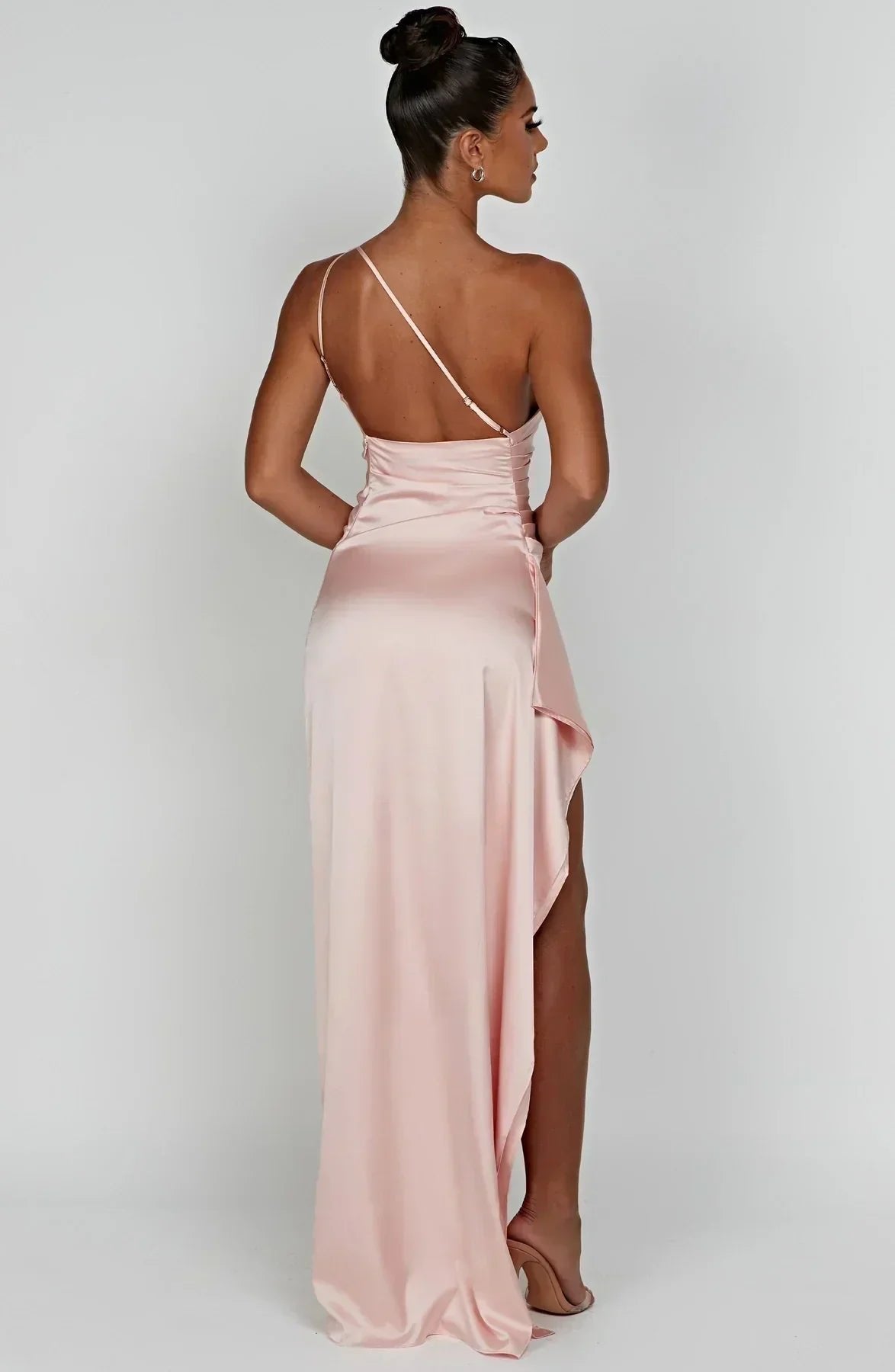 Women's One-Shoulder Satin Asymmetric High-Split Maxi Evening Dress