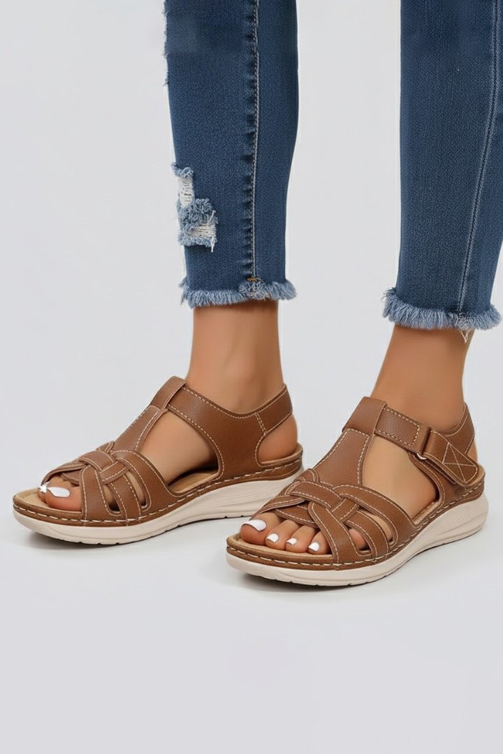 Women's Open Toe Woven Strap Flat Sandals Velcro Fastening