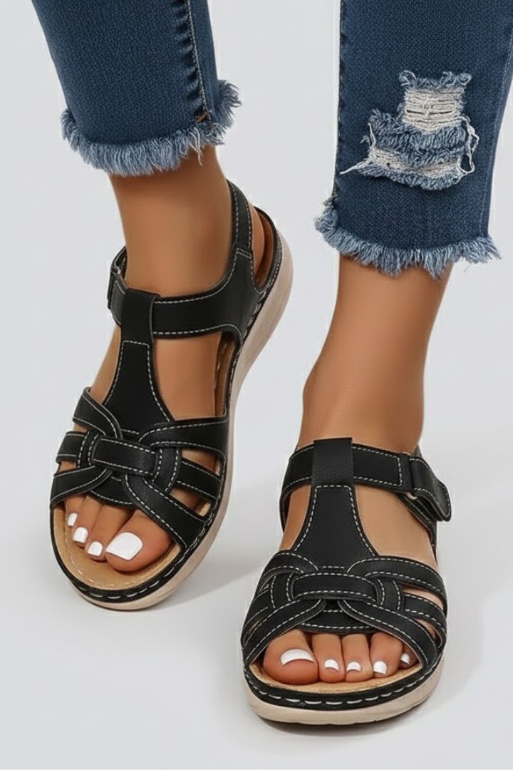 Women's Open Toe Woven Strap Flat Sandals Velcro Fastening - Black