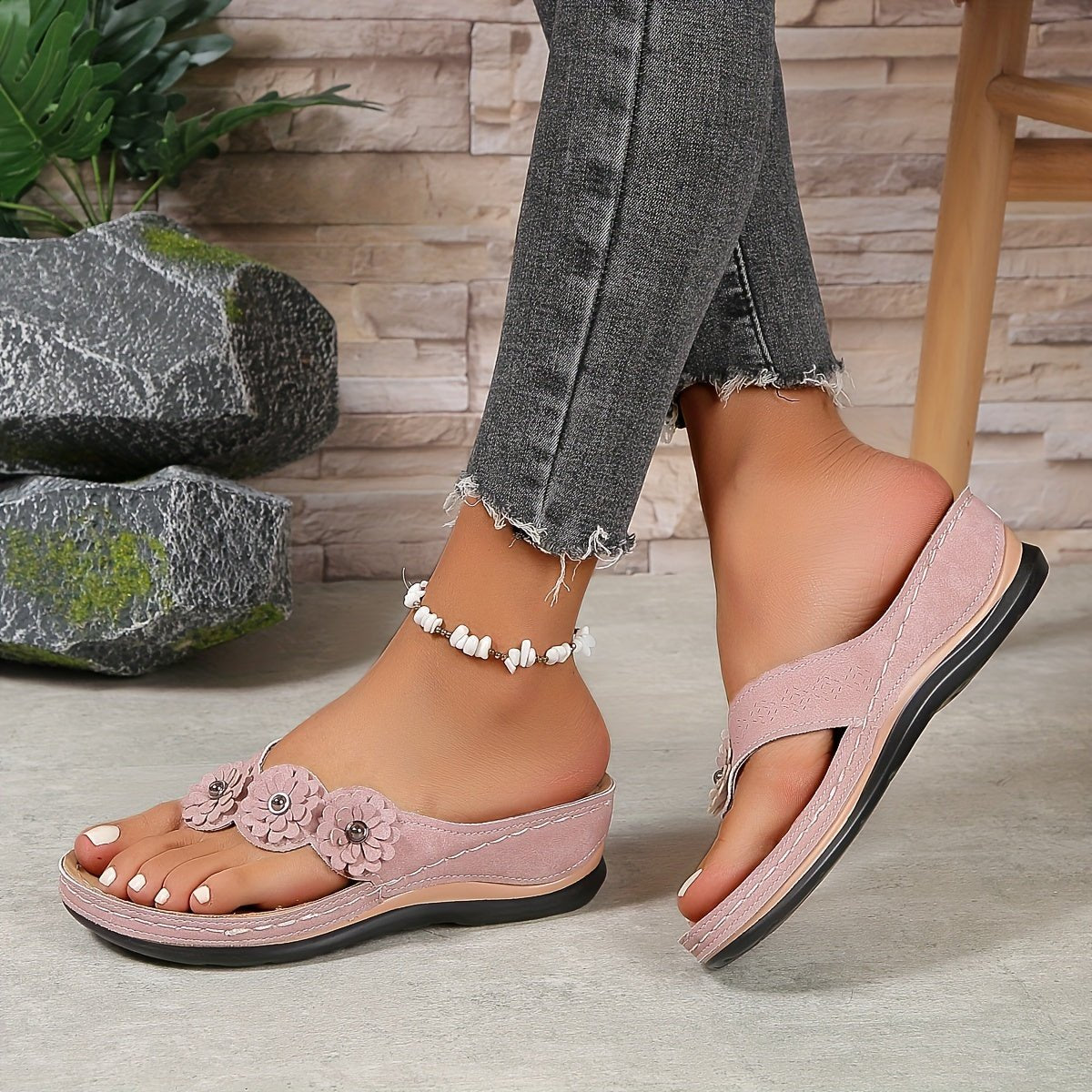 Women's Orthopedic Arch-Support Floral Wedge Flip-Flop Sandals