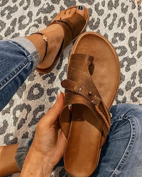 Women's Orthopedic Arch-Support Vegan Leather Toe-Ring Sandals - Brown