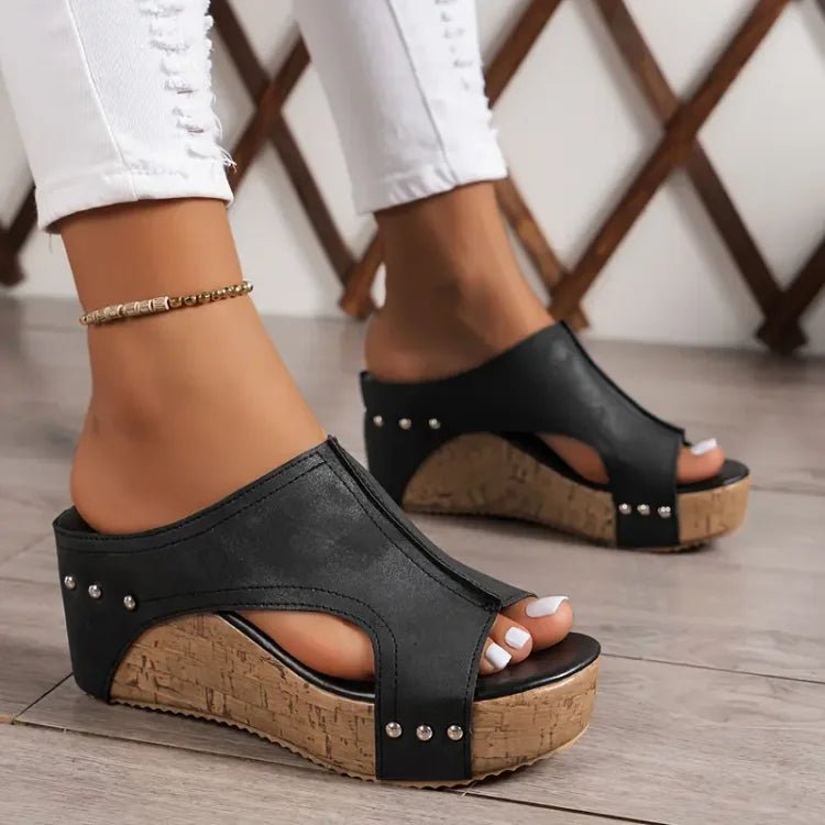 Women's Orthopedic Cushioned Cork Wedge Peep-Toe Mule Sandals - Black