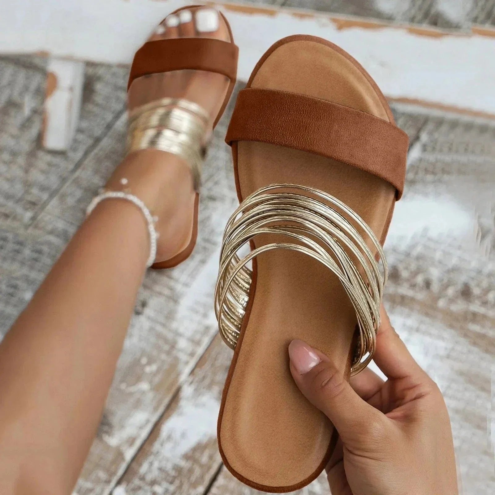 Women's Orthopedic Cushioned Gold-Strap Slip-On Flat Sandals - Chestnut Brown