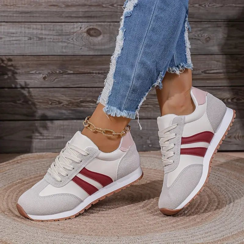 Women's Orthopedic Cushioned Lace-Up Colour-Block Trainers - Red