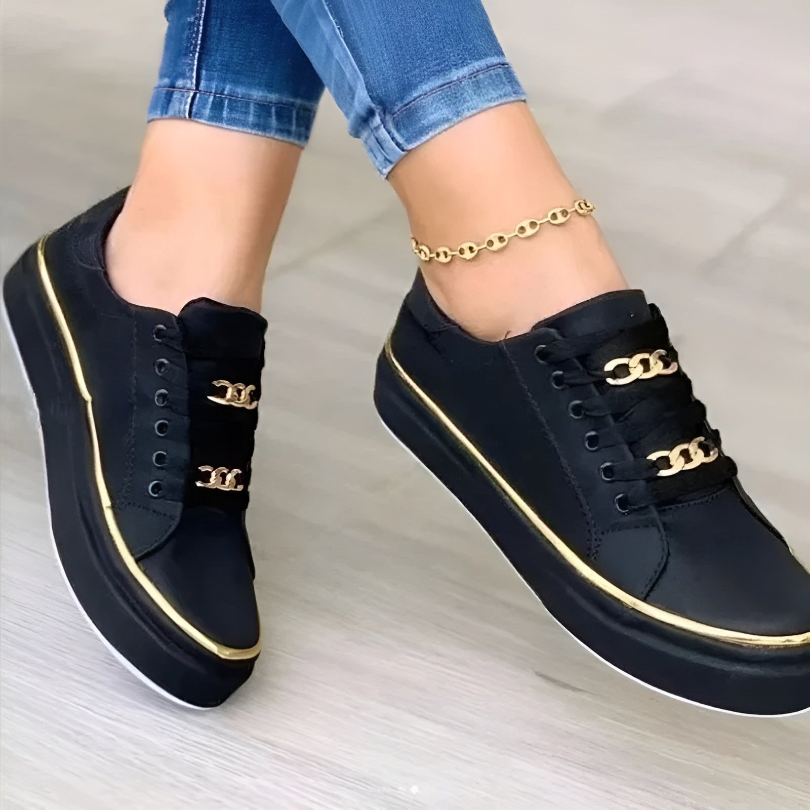 Women's Orthopedic Gold-Accent Lace-Up Platform Trainers - Black (almost sold out!)