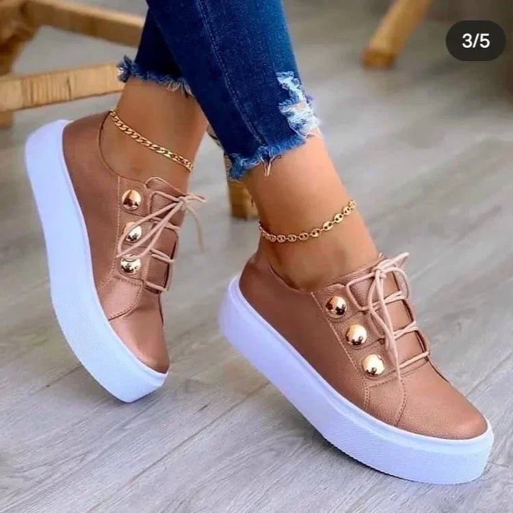 Women's Orthopedic Gold-Stud Platform Lace-Up Trainers - Rose Gold