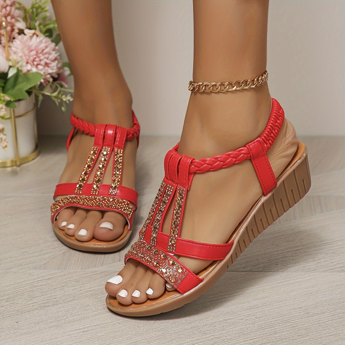 Women's Orthopedic T-Strap Embellished Wedge Sandals - Red