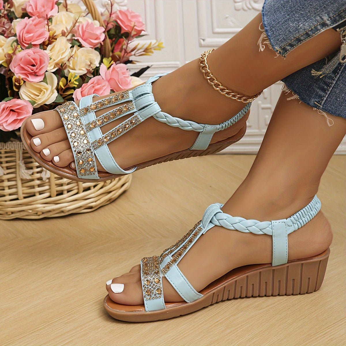 Women's Orthopedic T-Strap Embellished Wedge Sandals - Light Blue