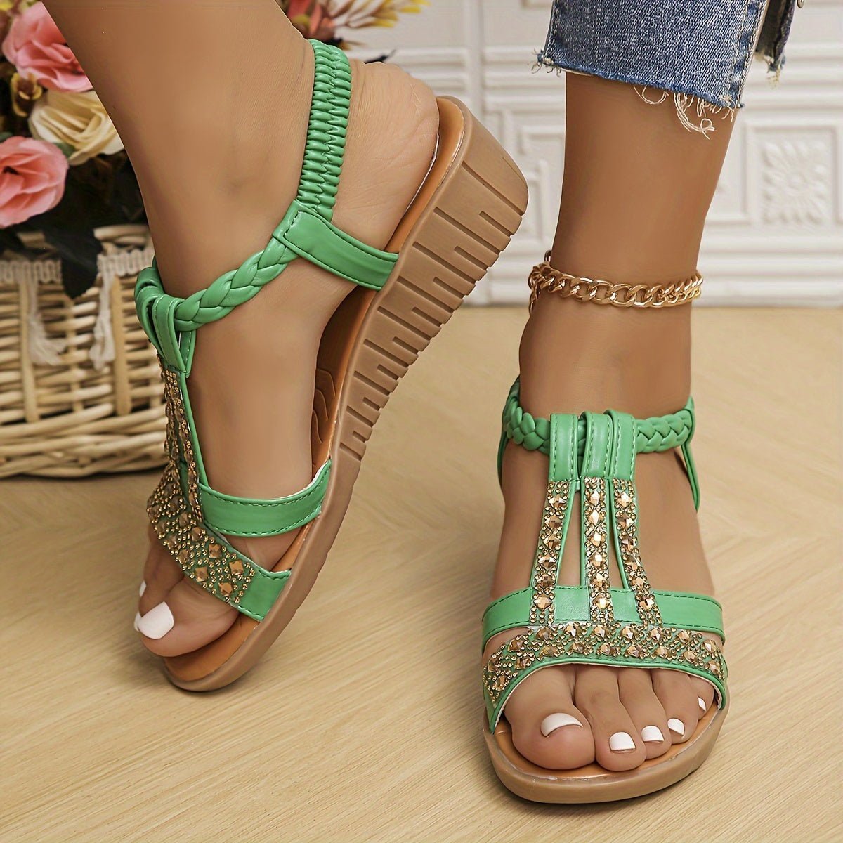 Women's Orthopedic T-Strap Embellished Wedge Sandals - Green