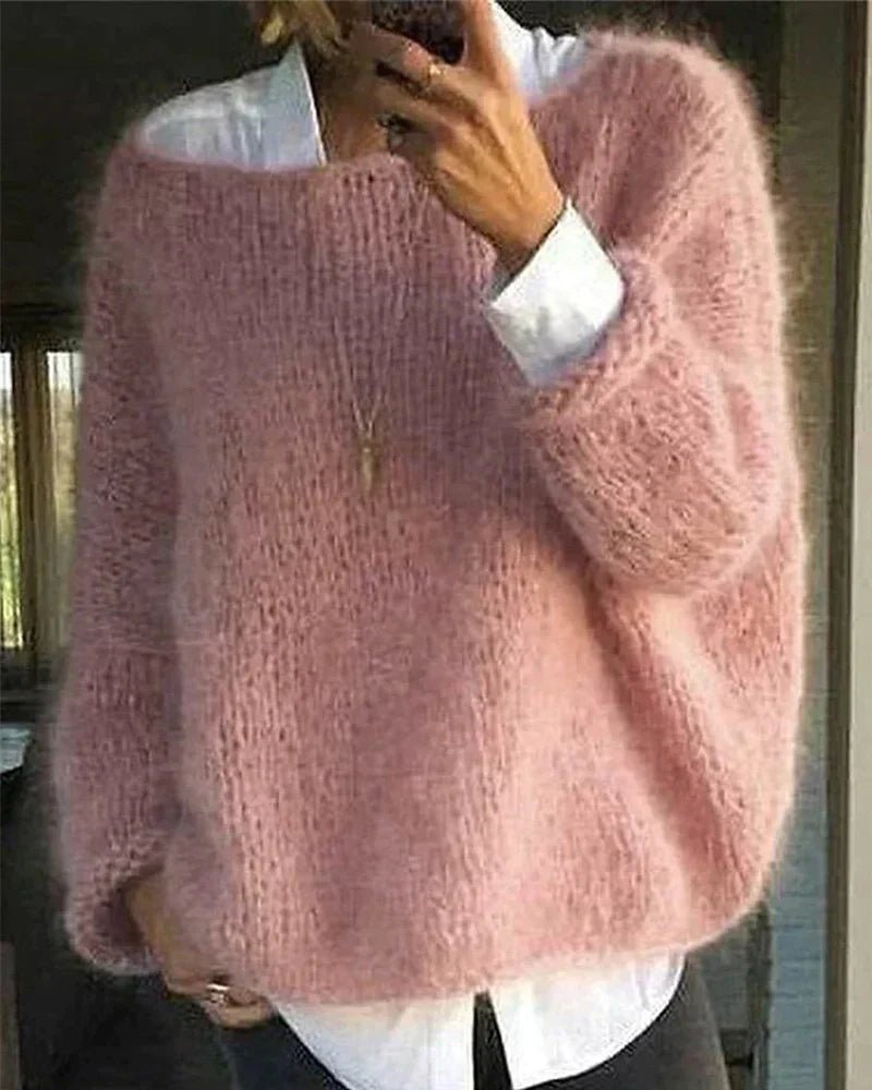 Women's Oversized Fluffy Knitted Crew-Neck Jumper - Pink