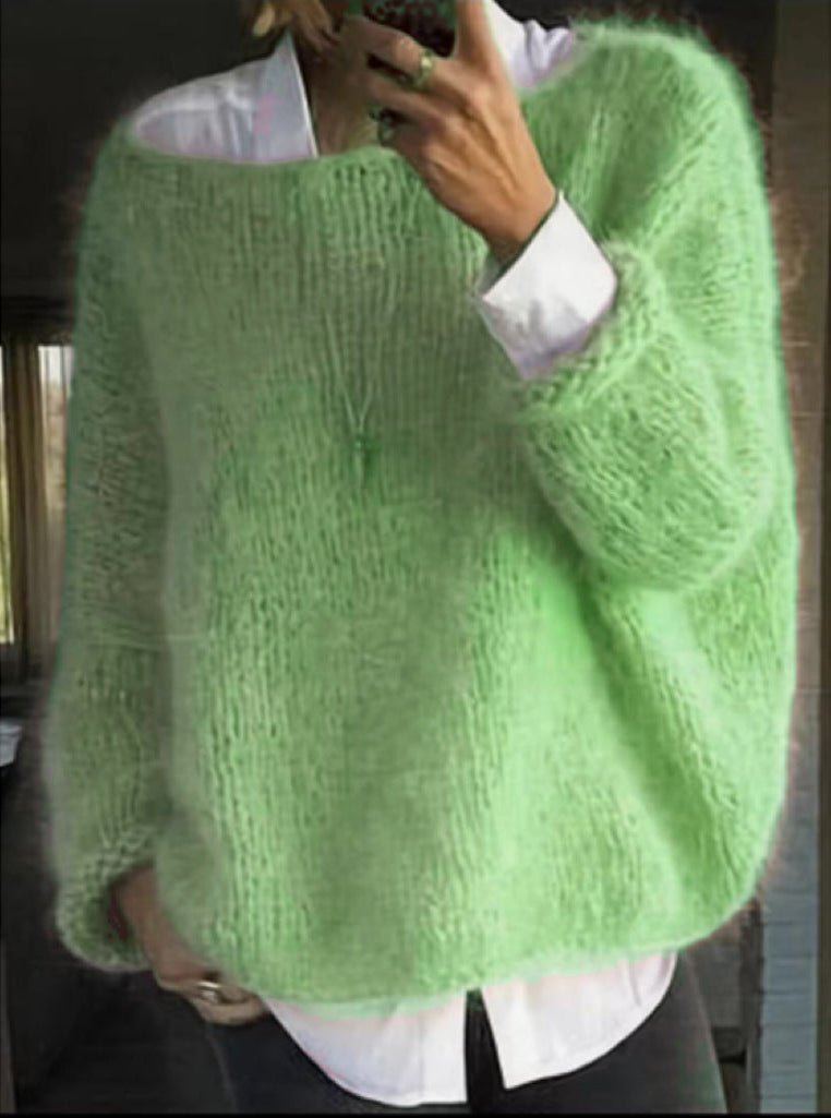 Women's Oversized Fluffy Knitted Crew-Neck Jumper - Green