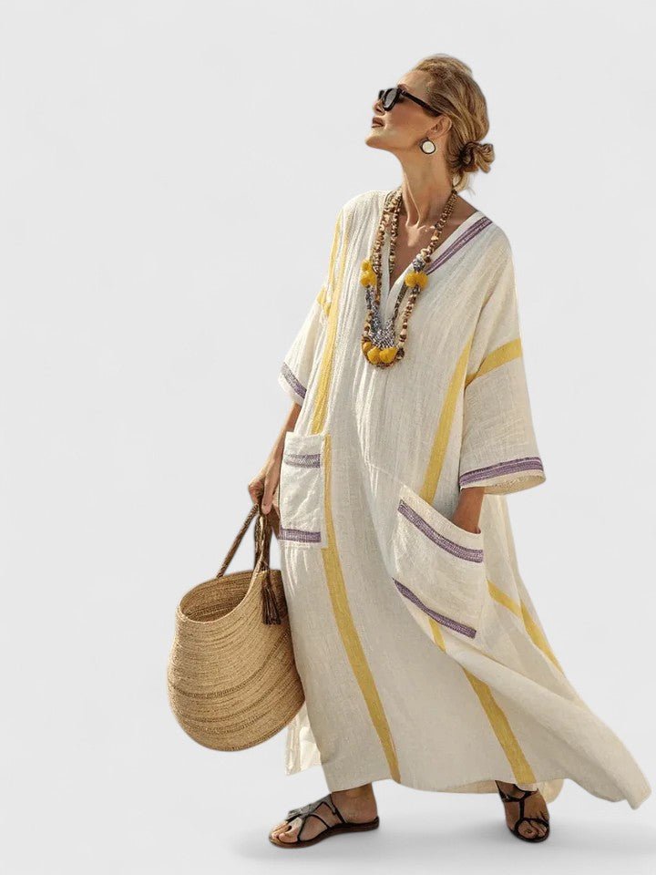 Women's Oversized Linen V-Neck Stripe-Trim Boho Maxi Dress - Beige 3
