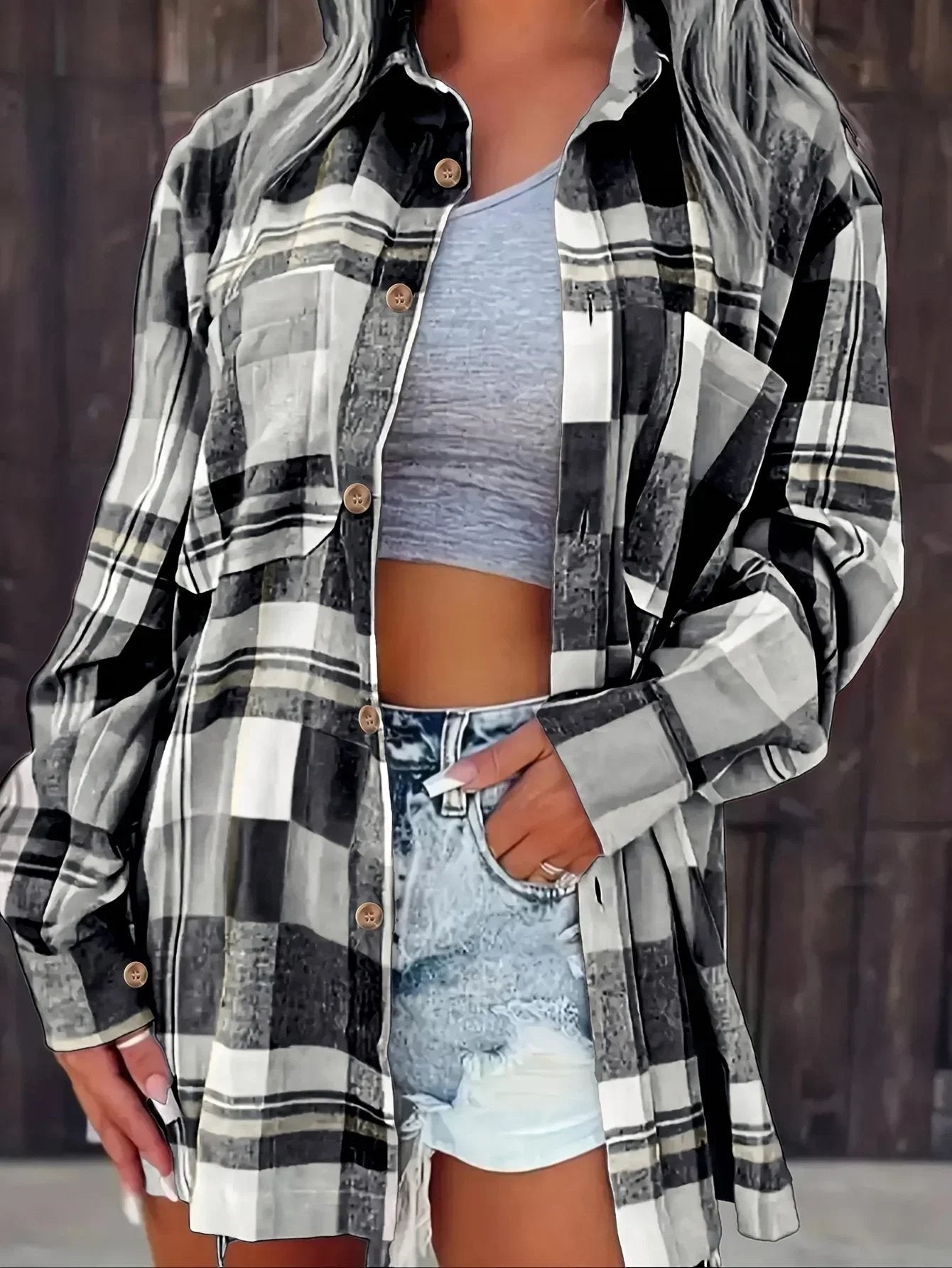 Women's Oversized Plaid Flannel Long Sleeve Button-Up Shirt - Black
