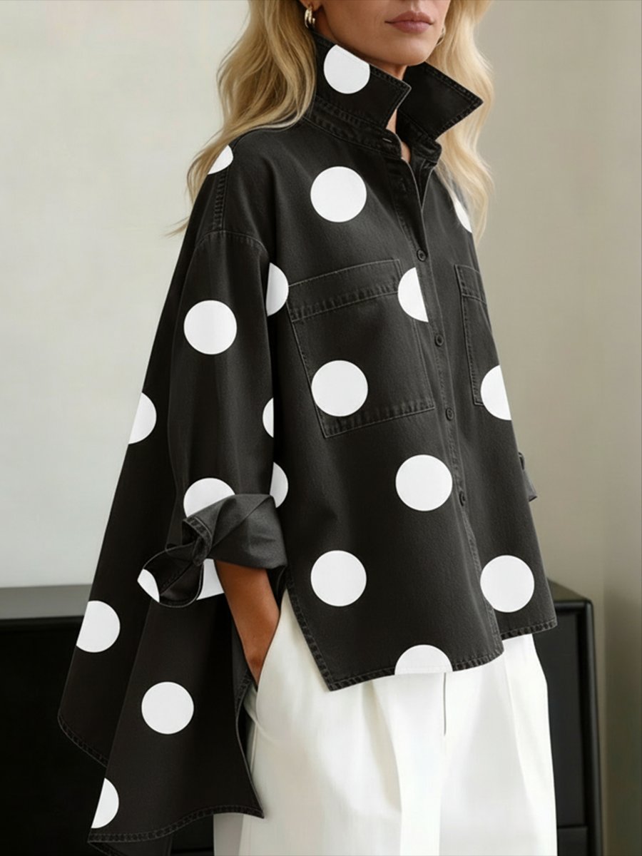 Women's Oversized Polka Dot Denim Long-Sleeve Shirt - Black