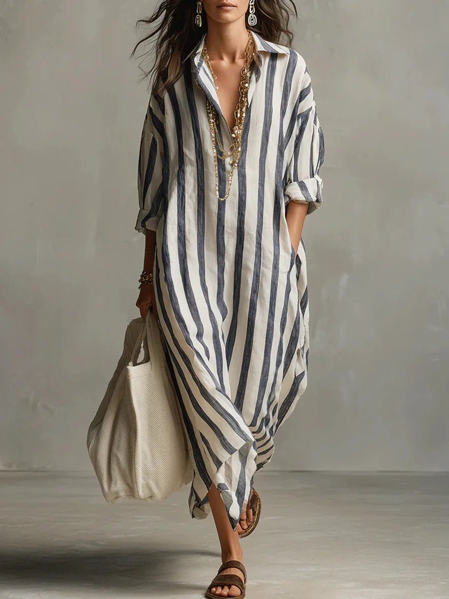 Women's Oversized Striped Linen Shirt Maxi Dress - Blue