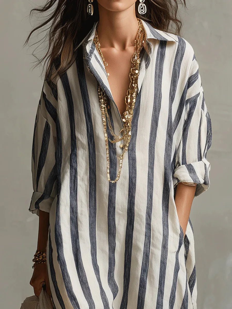 Women's Oversized Striped Linen Shirt Maxi Dress