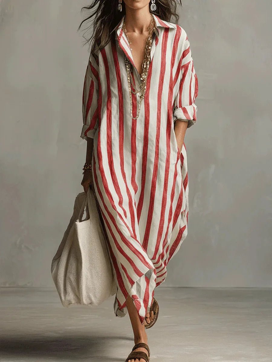 Women's Oversized Striped Linen Shirt Maxi Dress - Red