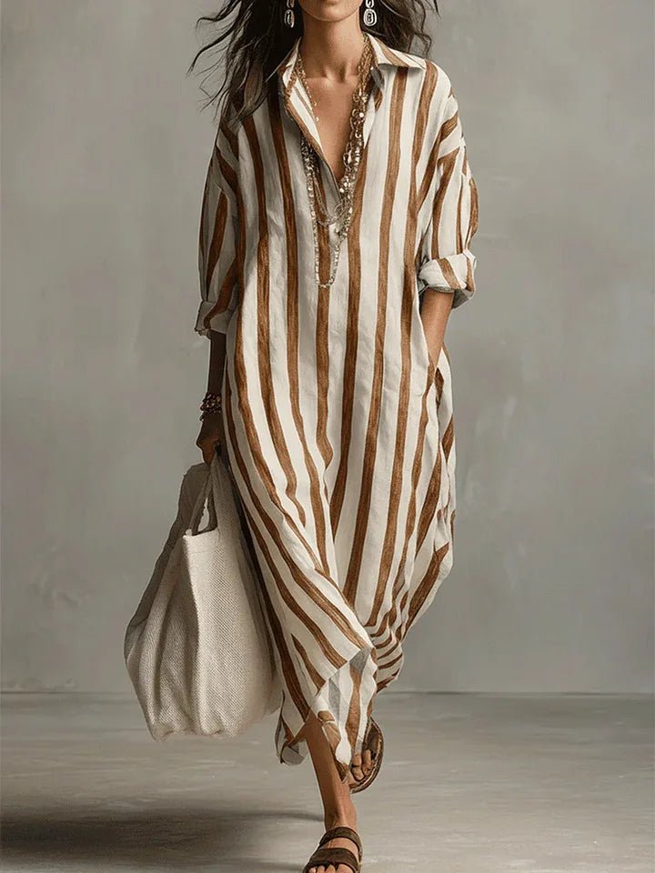 Women's Oversized Striped Linen Shirt Maxi Dress - Earthy Yellow
