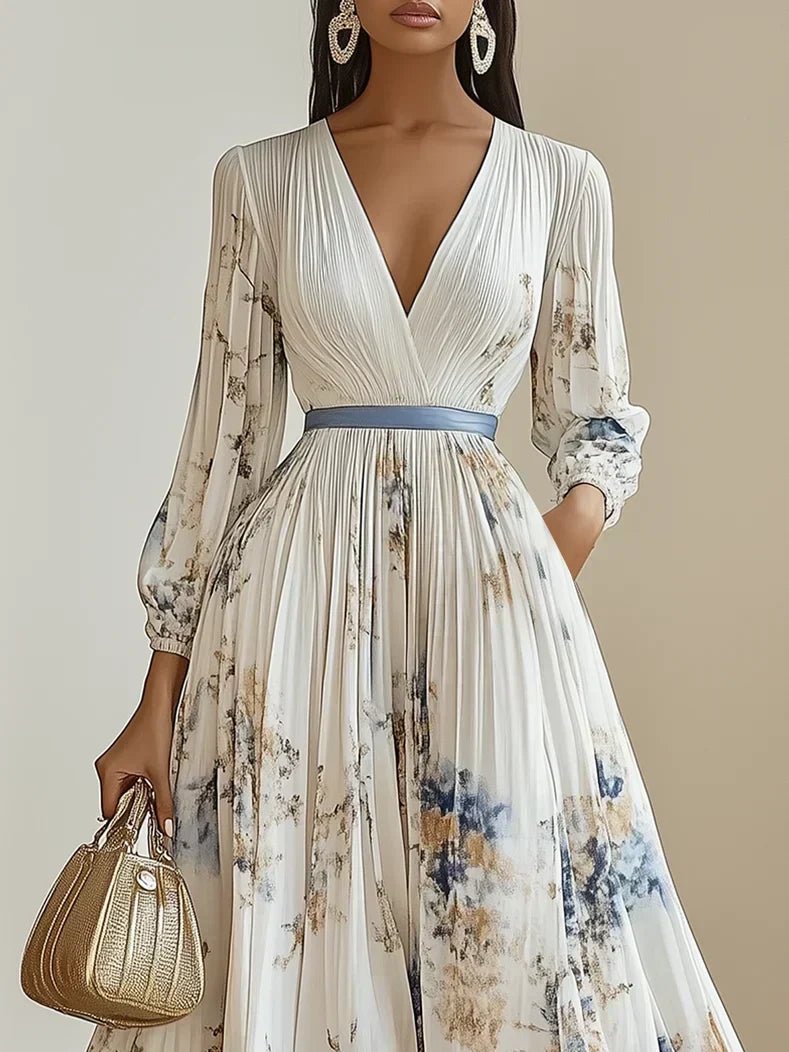 Women's Pleated Floral-Print Deep V-Neck Puff-Sleeve Maxi Dress