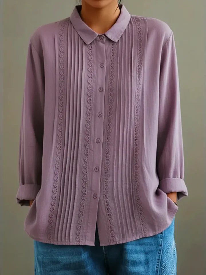 Women's Pleated Lace-Trim Long-Sleeve Button-Up Blouse - Purple