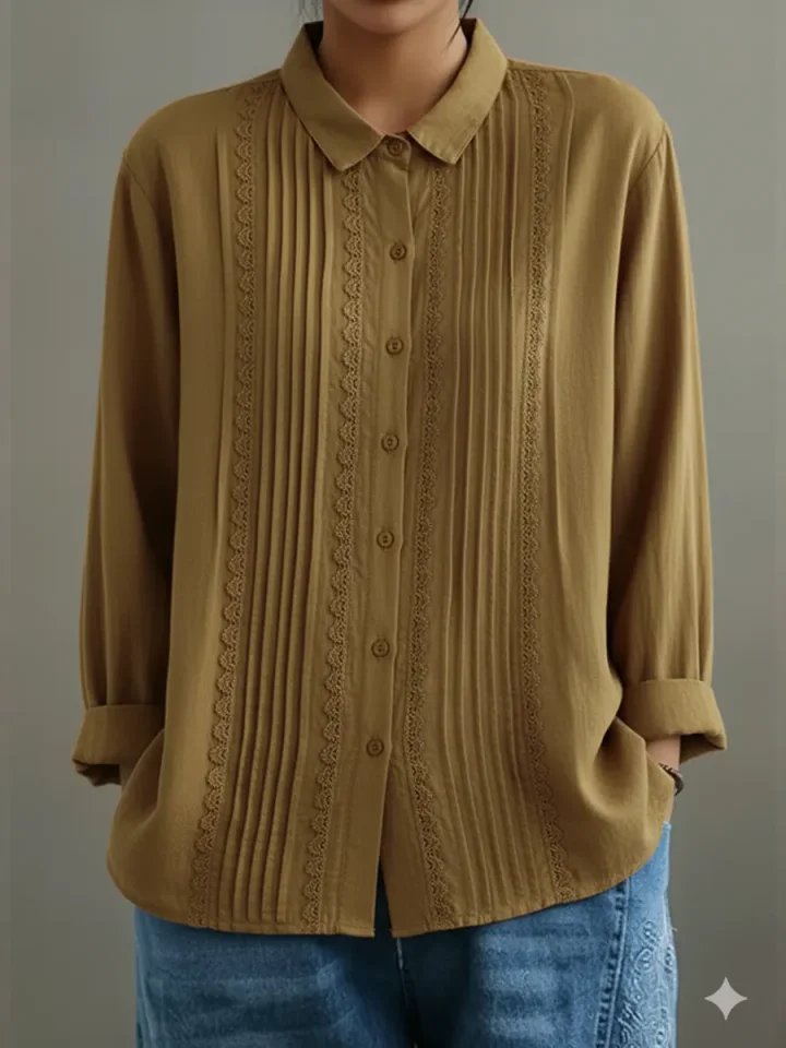 Women's Pleated Lace-Trim Long-Sleeve Button-Up Blouse - Beige