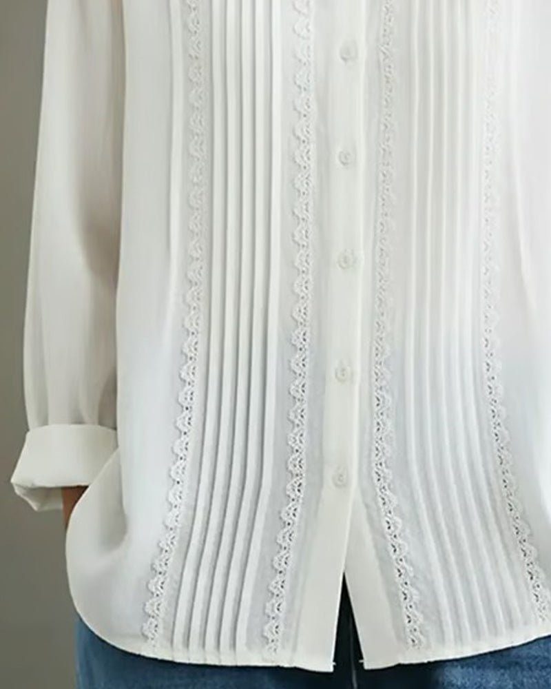 Women's Pleated Lace-Trim Long-Sleeve Button-Up Blouse
