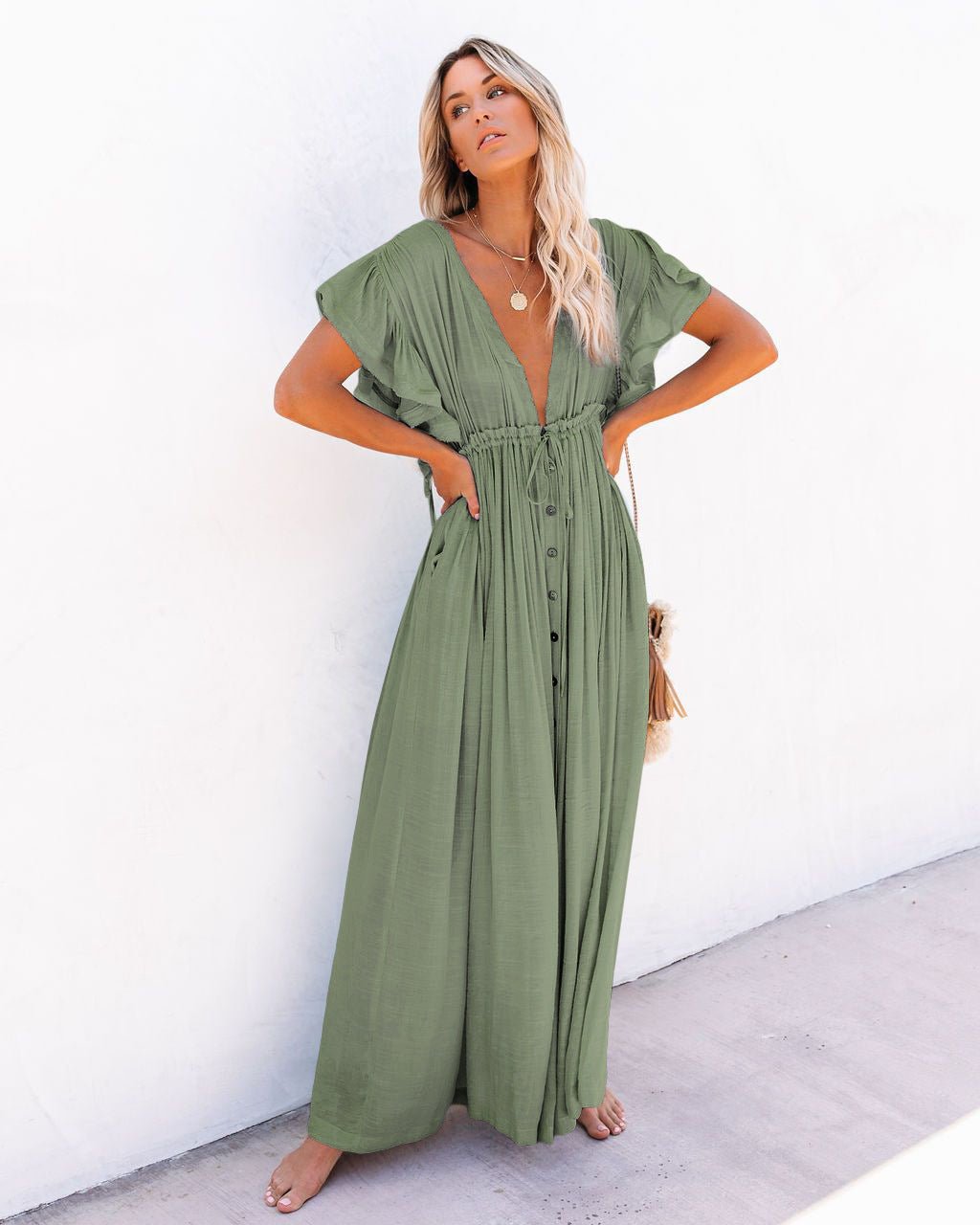 Women's Plunging V-Neck Button-Front Flutter-Sleeve Maxi Dress - Light Green