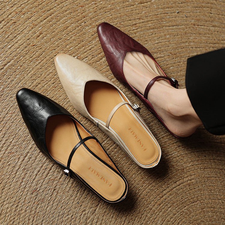 Women's Pointed-Toe Mary Jane Leather Slip-On Mule Flats