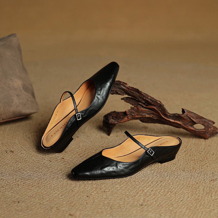 Women's Pointed-Toe Mary Jane Leather Slip-On Mule Flats