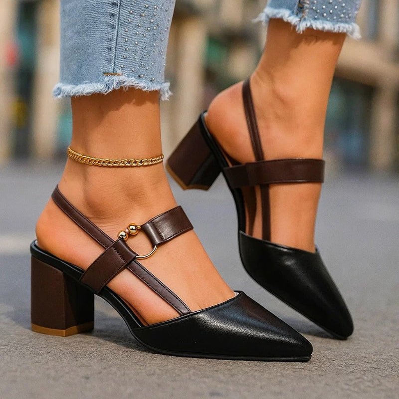 Women's Pointed-Toe Slingback Block-Heel PU Leather Pumps - Black