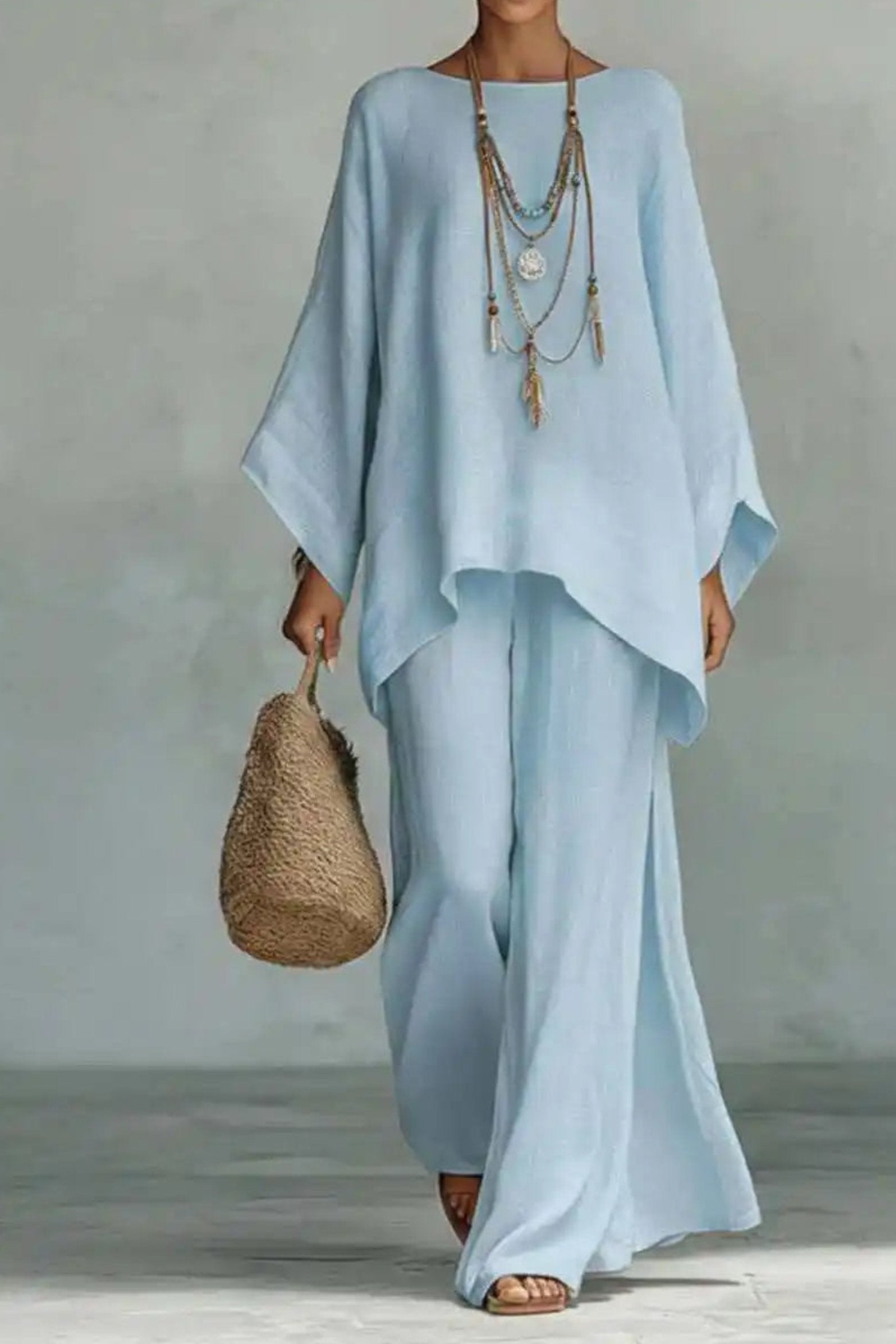 Women's Relaxed-Fit Batwing-Sleeve Linen-Look Wide-Leg Co-ord Set - Light Blue
