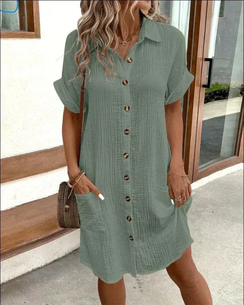 Women's Relaxed-Fit Button-Down Cotton Linen Shirt Dress Pockets - Green
