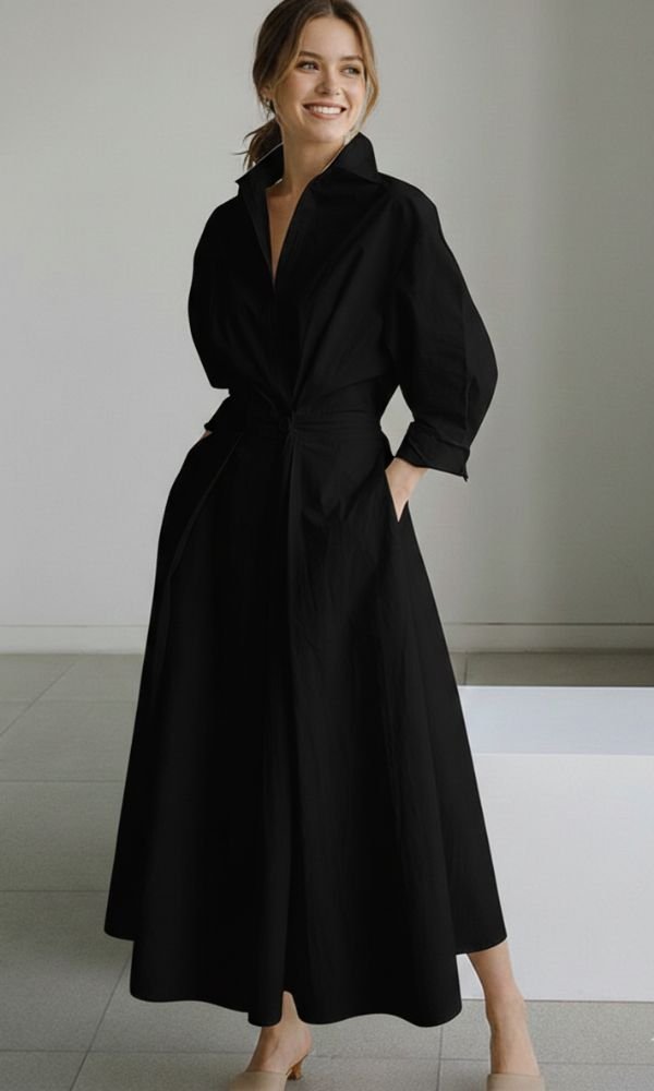 Women's Relaxed-Fit Button-Front Long-Sleeve Maxi Shirt Dress - Black