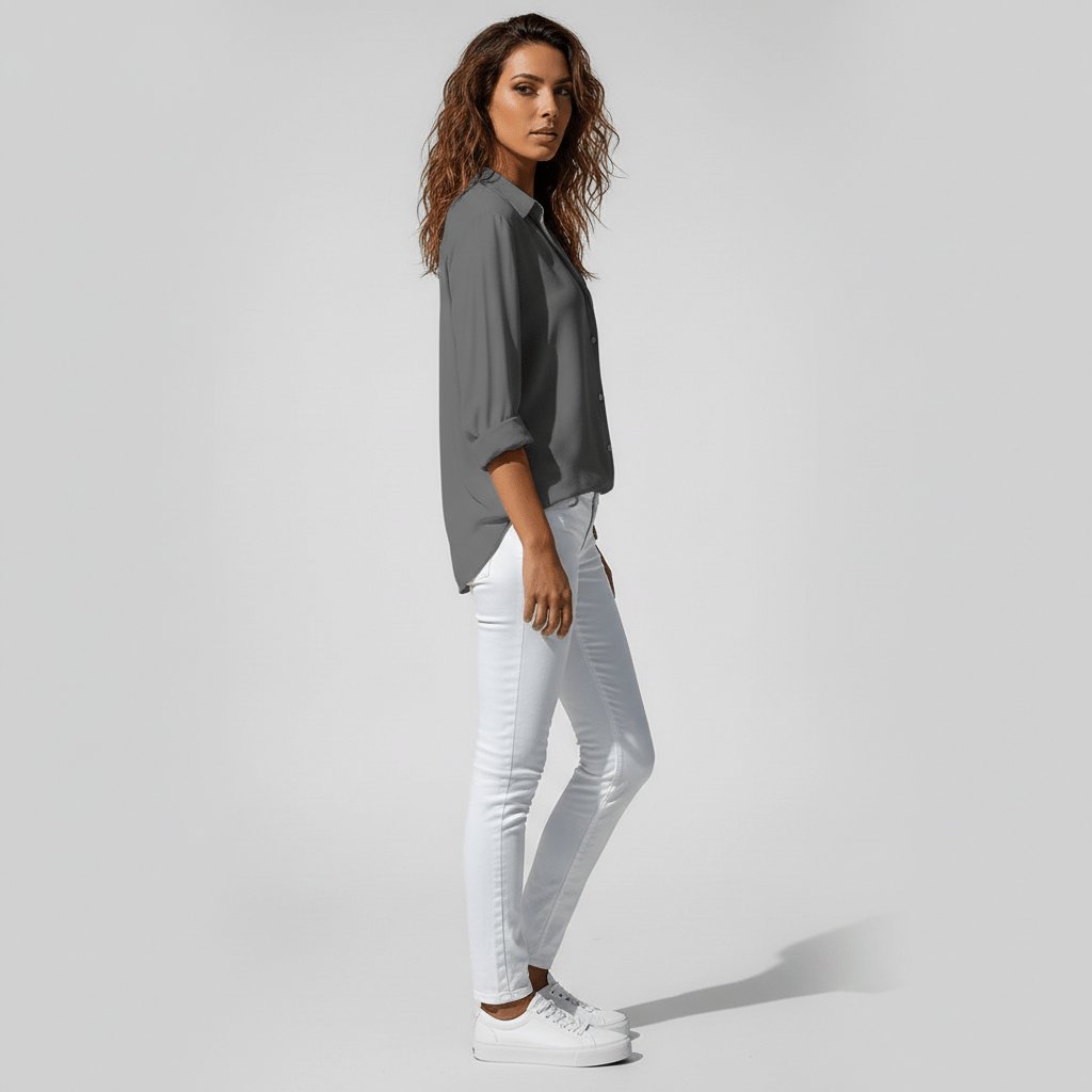 Women's Relaxed-Fit Button-Up Long Sleeve Shirt Collar Blouse