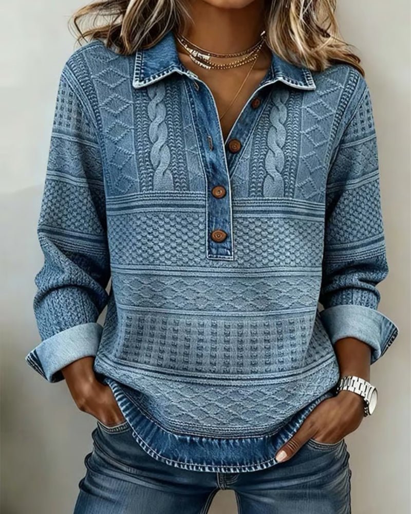 Women's Relaxed-Fit Cable-Knit Half-Button Collar Jumper - Blue