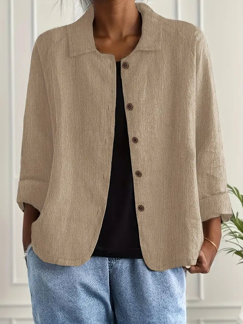 Women's Relaxed-Fit Collared Button-Front Long-Sleeve Shirt Jacket - Khaki