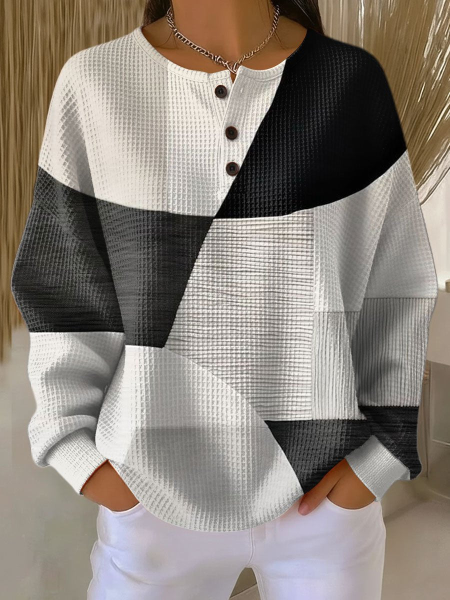 Women's Relaxed-Fit Colour-Block Waffle-Knit Henley Jumper - Natural
