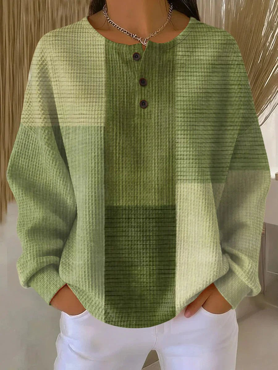 Women's Relaxed-Fit Colour-Block Waffle-Knit Henley Jumper - Green