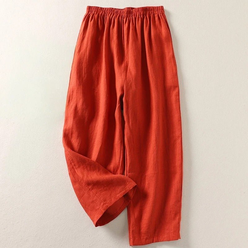Women's Relaxed-Fit Elastic-Waist Linen Trousers - Orange