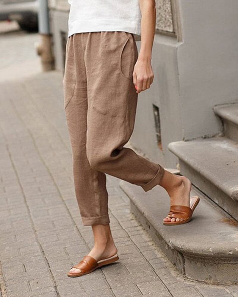 Women's Relaxed-Fit Elasticated-Waist Tapered Linen Trousers